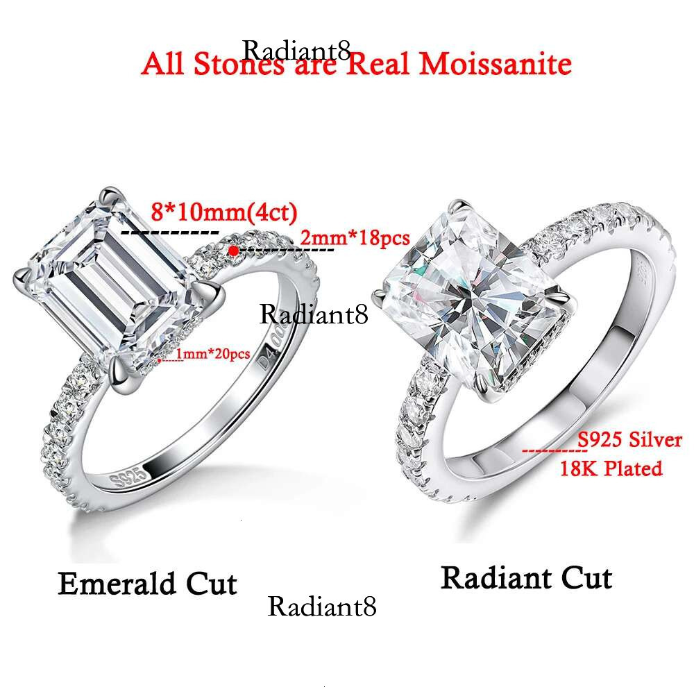 4CT D Color Real Full Moissanite Ring for Women Emerald/Radiant Cut Dia Sterg Sier Wedding Band with Certificate