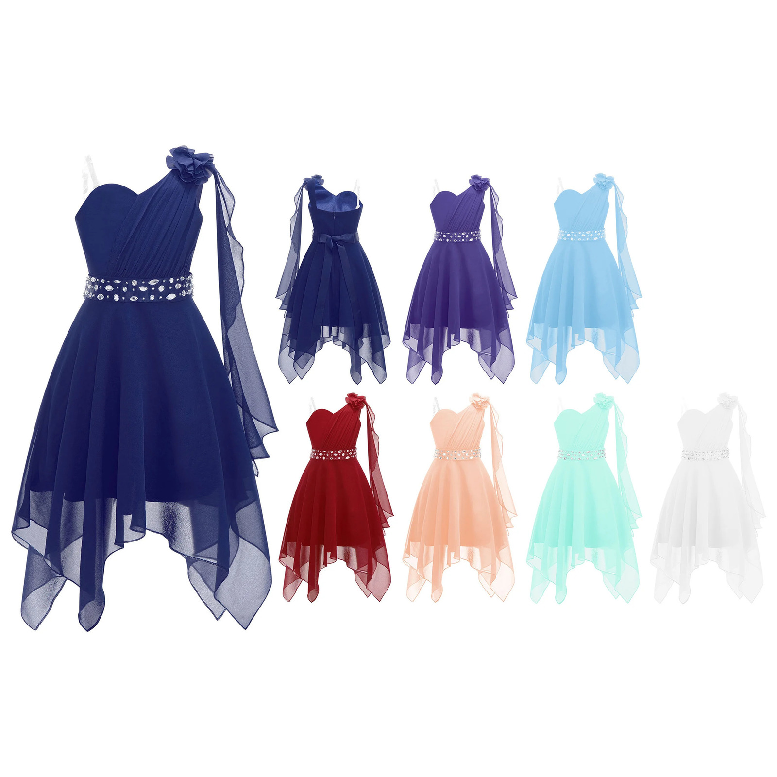 Kids Flower Girls Dress Princess Birthday Party Wedding Bridesmaid One Shoulder Chiffon Summer with Shiny Beaded Sash 250303