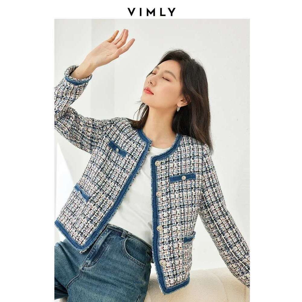 Vimly Plaid Tweed Cropped Jacket For Women 2024 Spring Patch Denim Design Elegant Fashion Lady Short Coat Female Outerwear M3288
