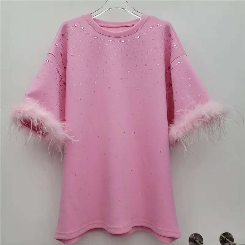 Heavy Industry Hot Dia Feather Splicing Half-Sleeve Large Edition T-Shirt Women's 2025 New Fashion Loose Short Sleeve Top