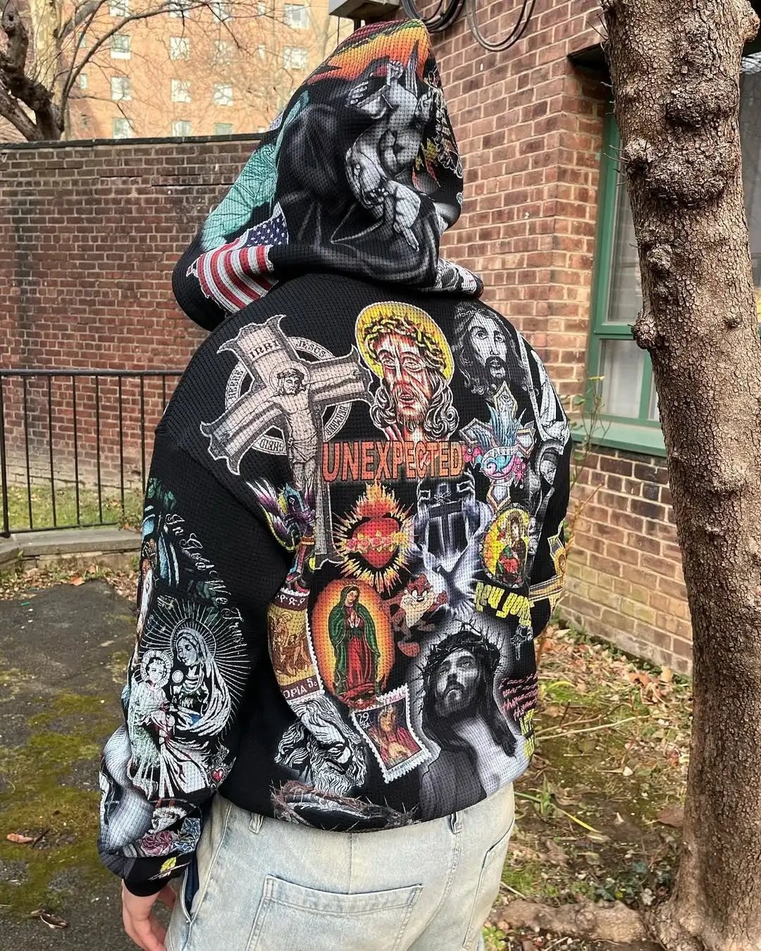 Punk Style Mens Zipper Hooded Sweatshirt Multi Pattern Gothic Waffle Outerwear Street Fashion Loose Large Size Hooded Sweatshirt 250303