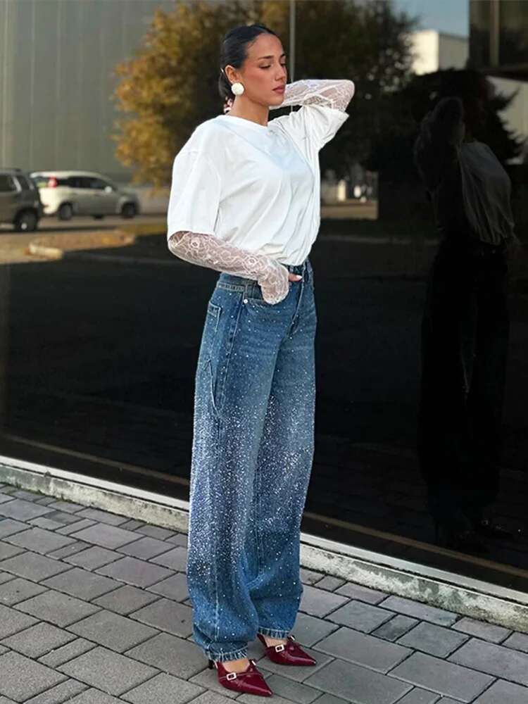Rhie Straight Leg Jeans High Waisted Shiny Casual Loose Cowboy Blue Pants Slimming Retro Silhouette Trousers Spring Autumn