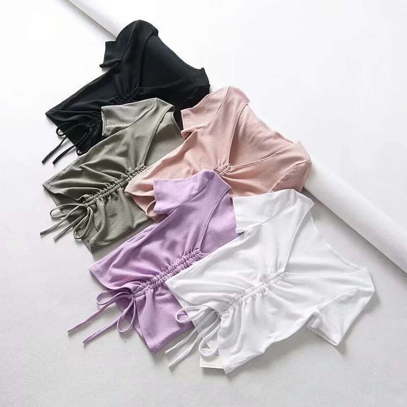 V Neck Sexy Cropped Tank Tops Women Drawstring Tie Up Front Camis Candy Colors Streetwear Slim Fit Ribbed Crop Top