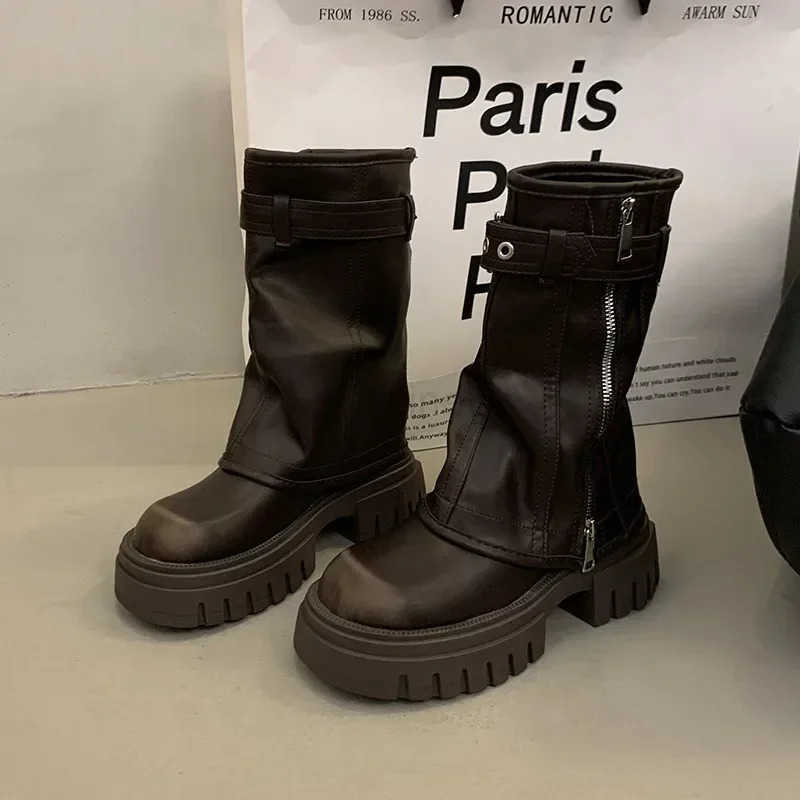 Autumn Winter Wen Mid-Calf Boots Belt Buckle Boots Punk Zipper Boots Fold Motorcycle Boot Platform Boot Botas Para Mujer Z250304