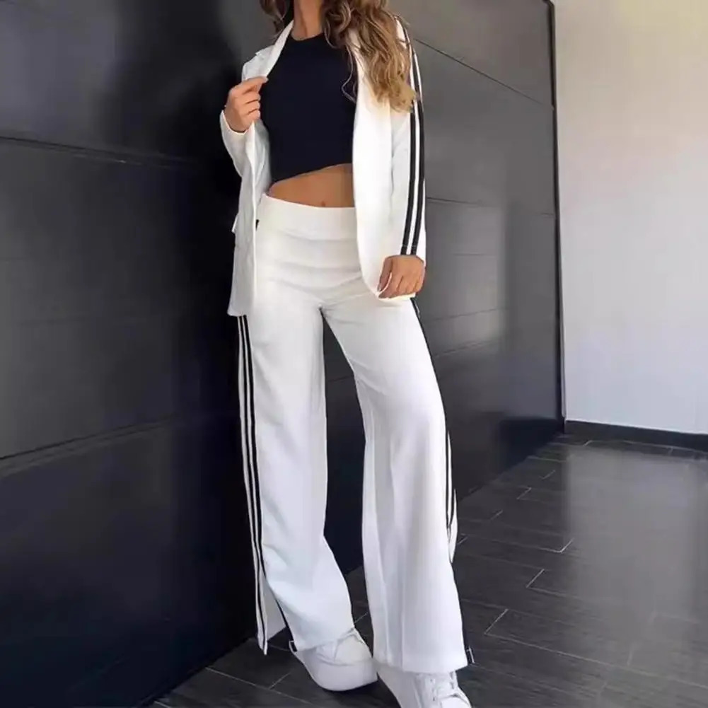 2 PcsSet Womens Blazer Formal Coat Pants Set Autumn Winter Long Sleeves Jacket Loose Striped Wide Leg Casual Suit Outfit 250225