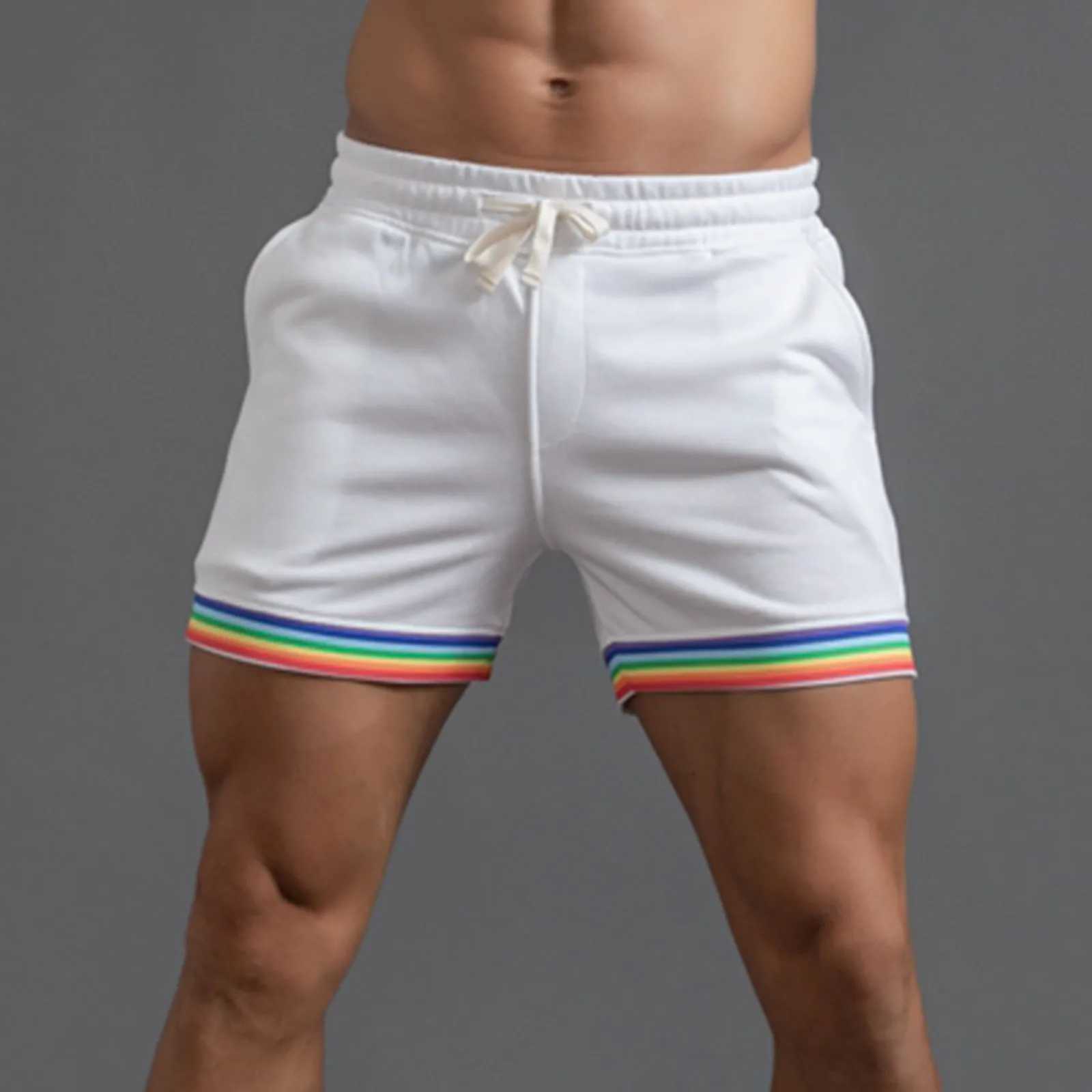 Polyester Shorts Men Summer Solid Color Rainbow Pants Pocket Drawstring Loose Casual Sports Running Glitter Foam StarT250304
