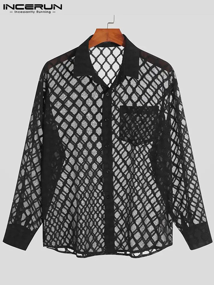 Handsome Well Fitting Men Blouse Vacation Hollow Out Stitching Male Breathable Mesh Long-sleeved Shirts S-5XL INCERUN Tops 250304