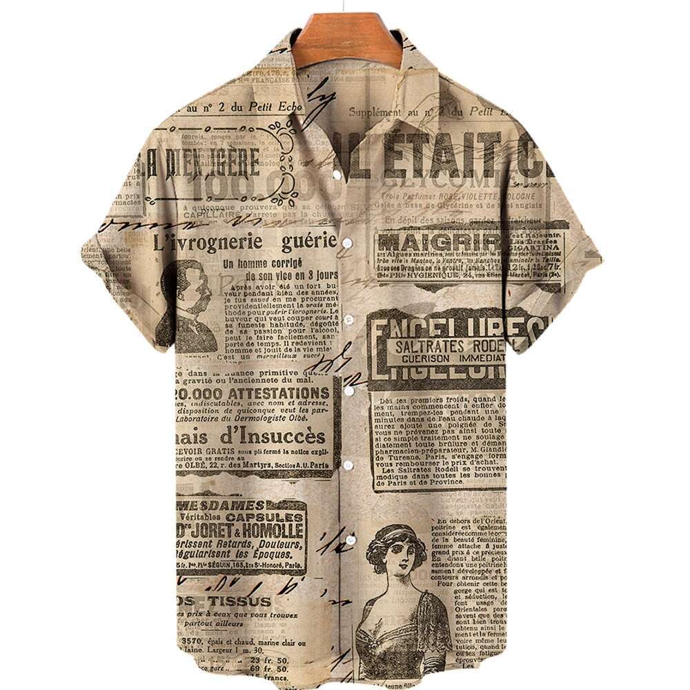 2025 Summer New Retro Fashion News Newspaper Designer 3D Printed Lapel Hawaiian Beach Breathable Comfortable Short Sleeve Men's Hip Hop Shirt