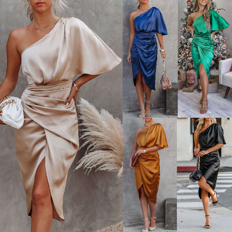 Sexy Single Sleeve Rose Segment Irregular Evening Dress Women's 2025 New Casual Versatile Fashion Clothing