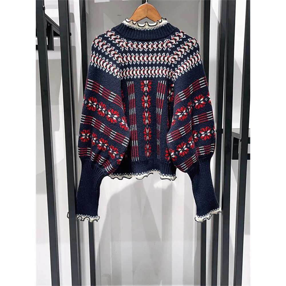Women's Ruffles Collar Double Zipper Sweater Coat 2025 Autumn/Winter Lantern Sleeve Retro Contrast Color Knitwear Cardigan Top
