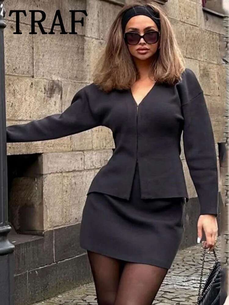 TRAF Mini Skirt Sets For 2 Pieces Knit Coat Suits New Two Piece Set Women Outfit Streetwear Clothing
