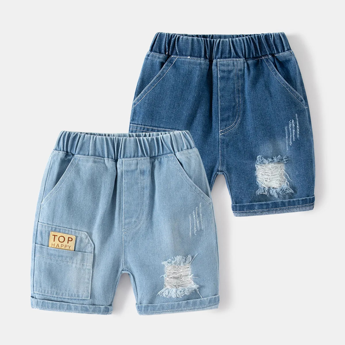 Summer Boys Fashionable Ripped Jeans Children Casual Letter Shorts 28Years Kids Elastic Waistband Denim 250303