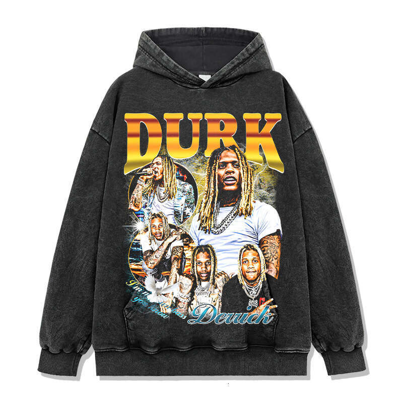 American Lil Durk printed washed T-shirt round neck long sleeved hooded sweatshirt for men