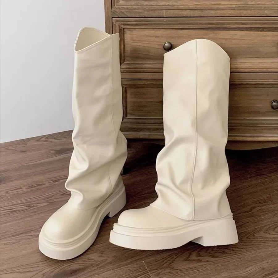 2025 Winter Knee High Wen Boots Fion PU Leather Vintage Platform Shoes Ladies Round Toe Fion Street Black White Boots Z250304