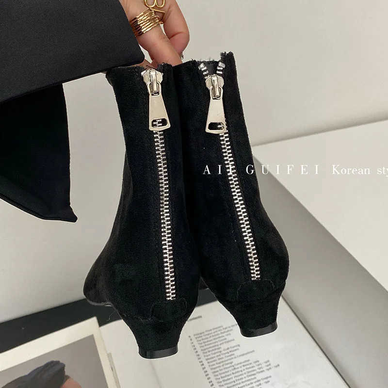 Fion Zippers Wen Ankle Boots With 3cm Heel Shoes Designer Flock Footwear Pointed Toe Ladies Modern Short Booties Shoes Z250304