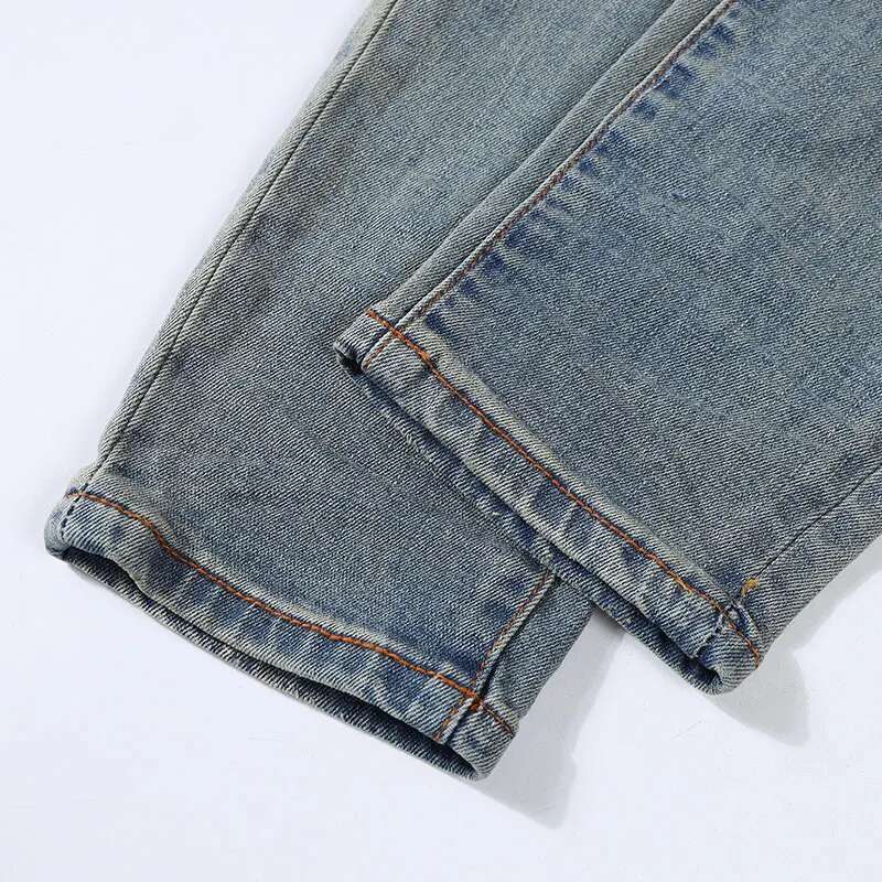 Street Fashion Retro Washed Blue Stretch Skinny Fit Ripped Jeans Men Pink Leather Patched Brand Designer Hip Hop Pants