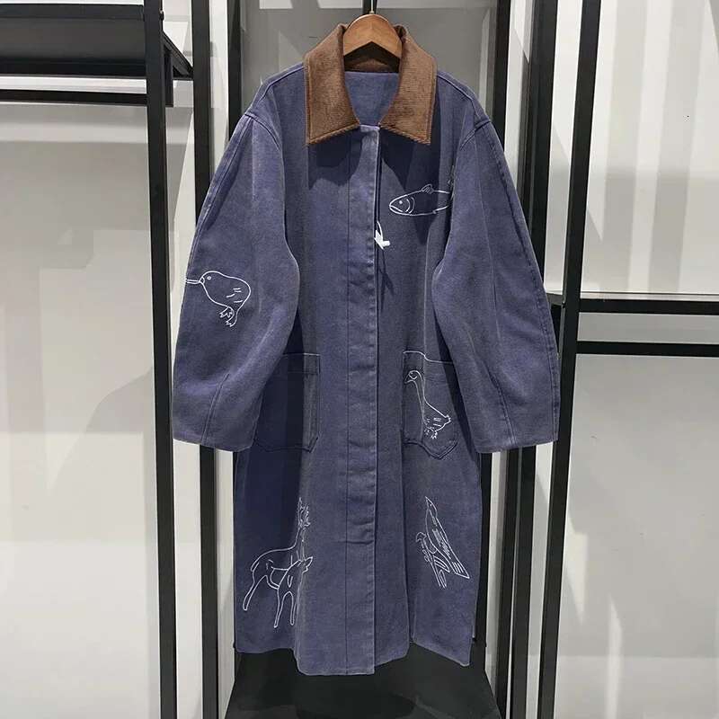 Women 2025 Autumn And Winter Washed Distressed Animal Embroidery Contrast Color Corduroy Lapel Long Jacket