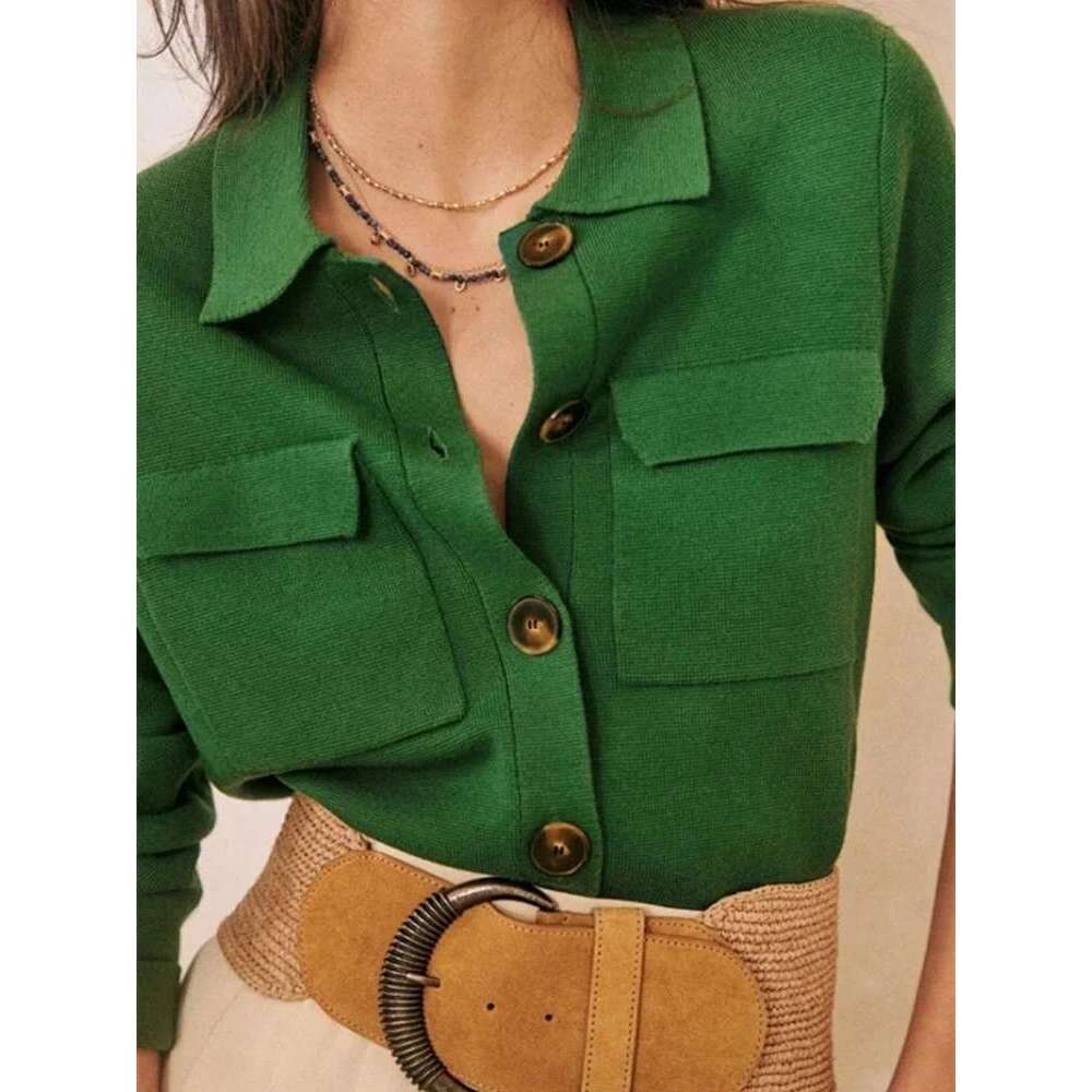 Autumn Women's Turn-Down Collar Sweater Long Sleeve Safari Style Ladies Simple Knit Cardigan With Double Pockets Knitwear