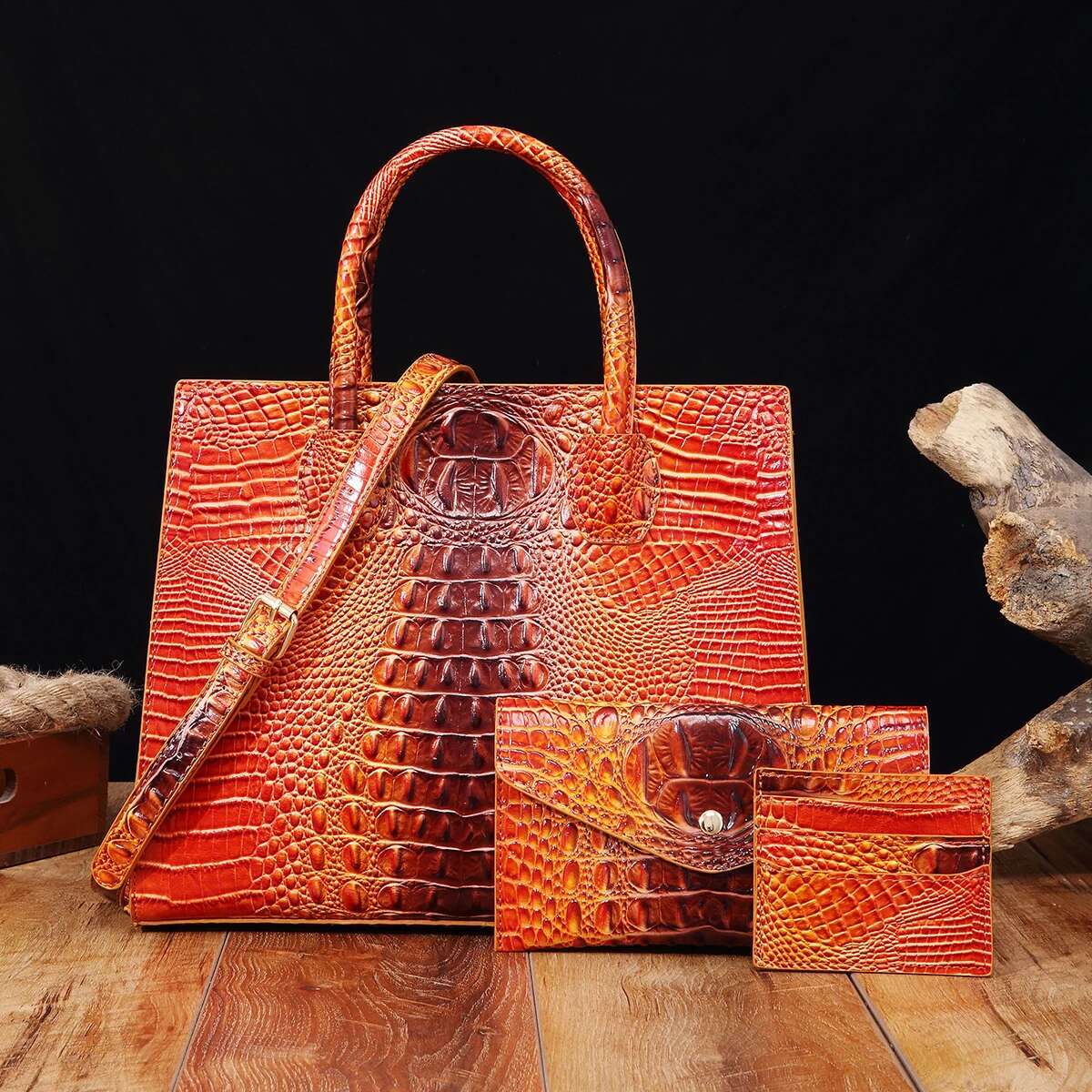 3 Pcs Crocodile Pattern Handbag Purses Set, Multi-Functional Vintage Top Handle Crossbody Business Clutch Bag & Card Coi