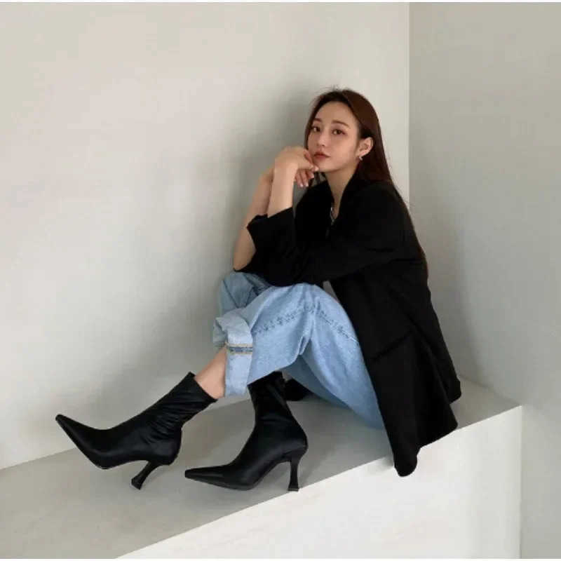Wen High Heeled Boots Autumn and Winter New Fion Sexy Pointed Toe Wen Elastic Short High Heeled Boots Z250304
