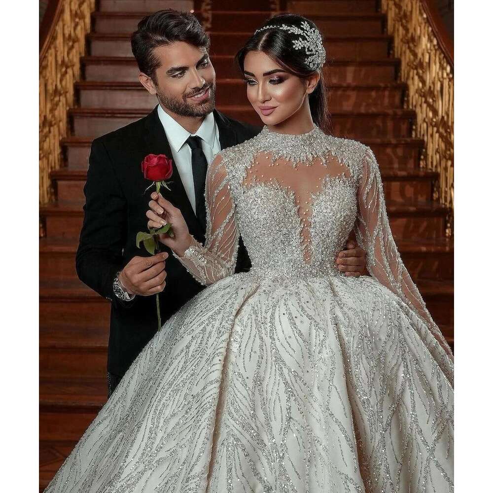 of Ball Gown Wedding The Neck Long Sleeve Applicator Beads Backless Satin Chapel Custom Novia Dresses