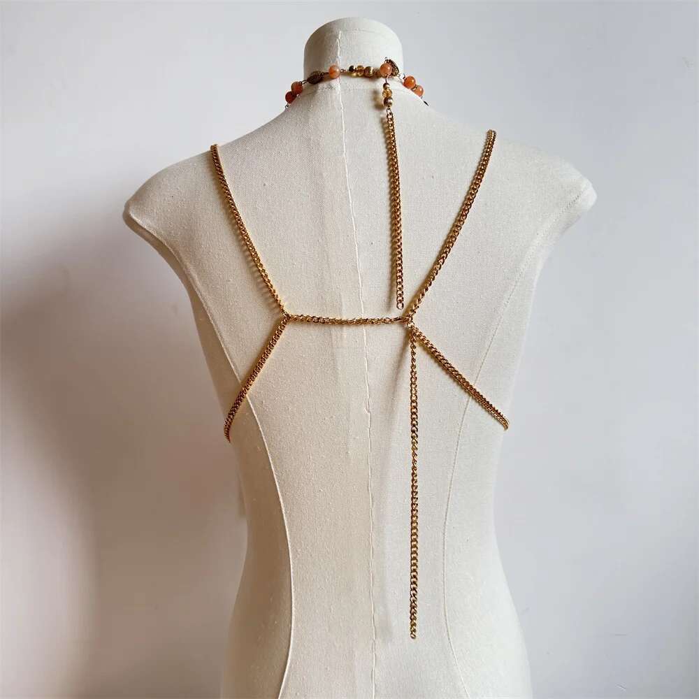 Ladies Chain Beading Camisole Vest Hollow Out Top Body Jewelry Exaggerated Pearl Neck Bustier Fashion Bra Women Club Rave