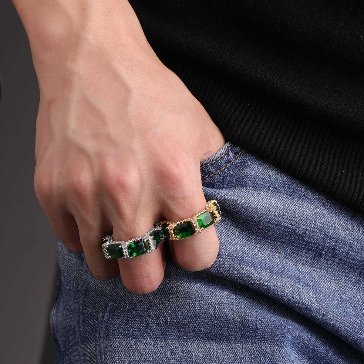 Couple Rings Wind hip-hop green ring with micro inlaid zircon real gold electroplating fashionable and personalized trendsetter ring H25303