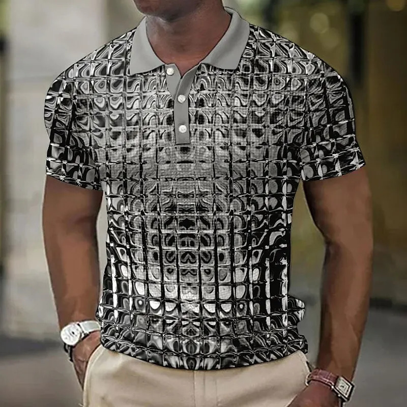 Fashion MenS Polo Shirts 3d Simulation Metal Plaid Printed MenS Clothing Summer Casual Short Sleeved Street er Tops Tees 250304