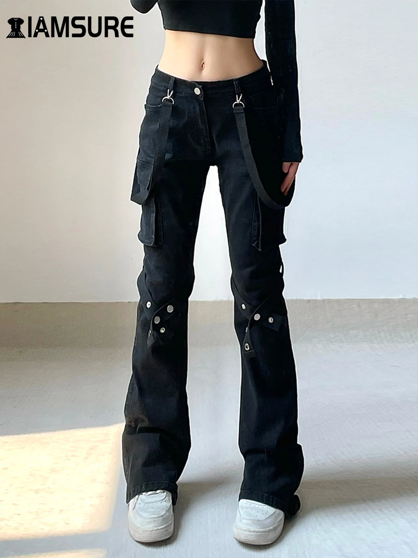 IAMSURE Punk Style Big Pockets Jeans Gothic Casual Slim LowWaisted Flare Pant 2025 Spring Autumn Streetwear Lady 250227