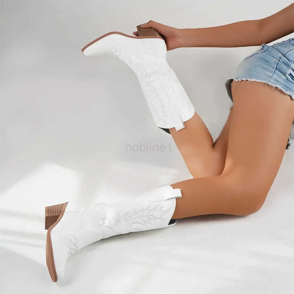 Plus size 43 High Quality Block H Mid-calf White Cowboy Boots Wen Vintage Country Concert Wern Boots Shoes Z250304