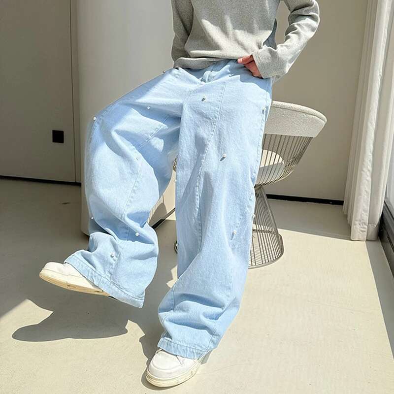 LUZHEN 2025 Stylish Plain Pearl Patchwork Design Casual Denim Pants Wide Leg Men's Street Baggy Trendy Straight Jeans New Lz3215