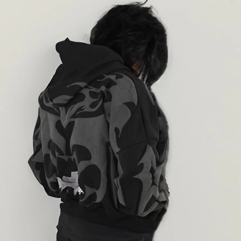 High Street Trendy Jacket Gothic Punk Harajuku Foam Pattern Zipper Hoodie Men Hip Hop Retro Casual Oversized Sweatshirt 250303