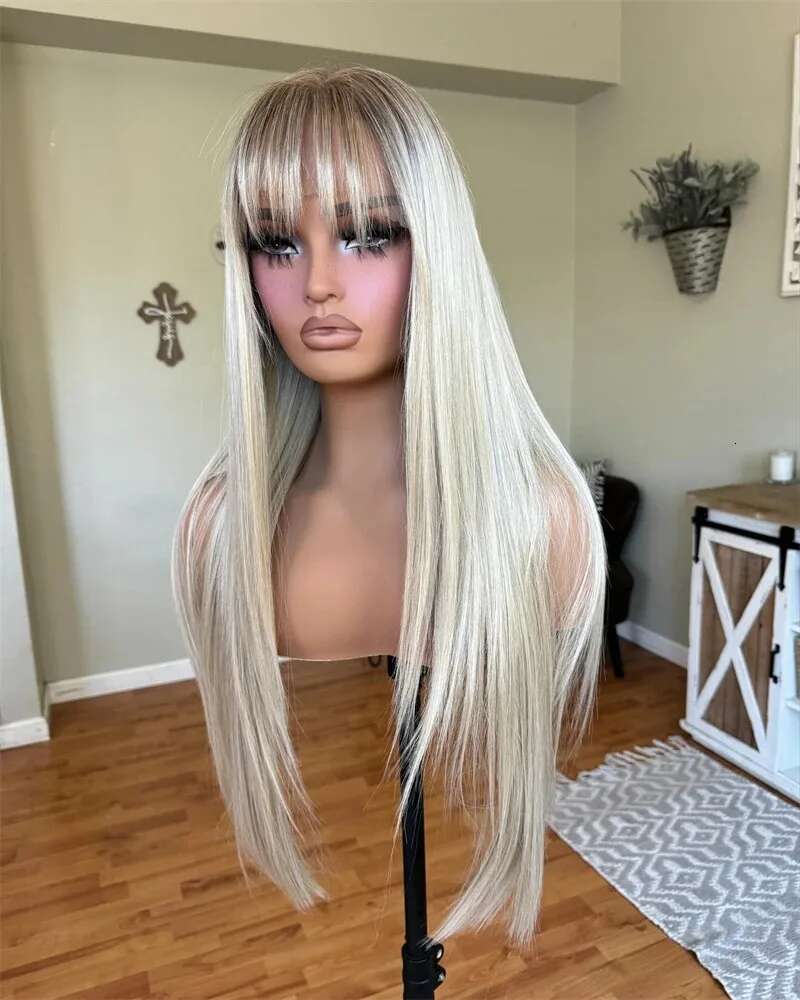 Long Straight Frontal Wigs Ash Blonde Rooted Womens With Bangs Soft Synthetic Hair Swiss Lace Wig Glueless Easy To Wear