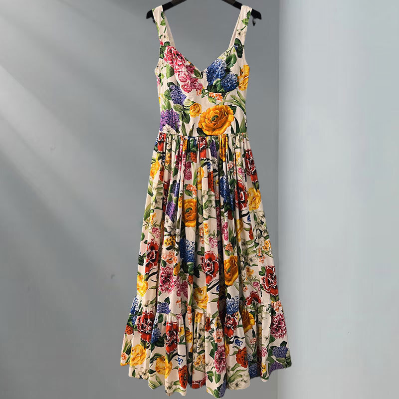 Women's Floral Print Cotton Camisole Dress Elegant Square Neck Waist-Up Pleated Clothes Stylish Summer Vacation Fashion Luxury Designer High-Qual