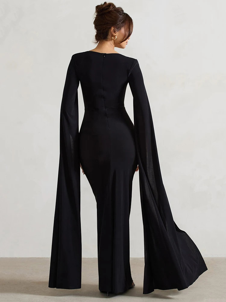 Long Sleeve Black Evening Gown: Women's Solid Square Collar Split Maxi Dress - Elegant & Sexy C260312