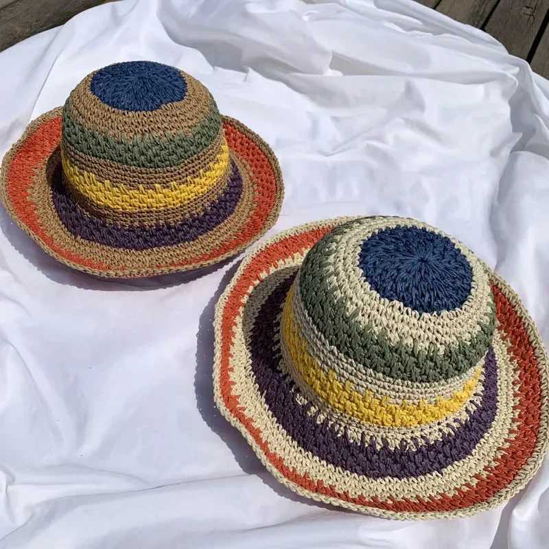 Fashion Rainbow Color Hand-woven Sun Hat for Women Summer Beach Cs Folding Sun Protection Korean Str Hats AccoriesXJ250304