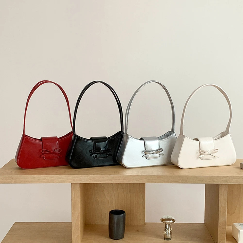 Sweet Bow Shoulder Bag PU Leather Fashion Handbag with Zipper Closure Everyday Purse Trendy Underarm Bag for Women 250228