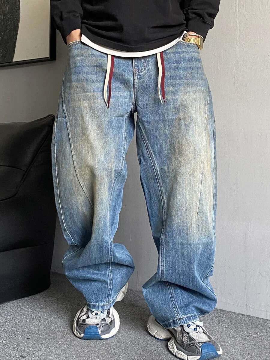 American Streetwear Baggy Jeans For Men Korean Fashion Hip Hop Distressed Denim Cargo Pants Trendy Skateboard Trousers Male