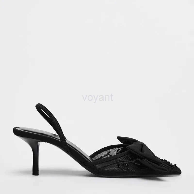 Brand Designer Thin High H Wen Bow String Bead Pointed Slingback Mes Pumps Mesh Embroider Elegant Dress Sandals Fem Z250304