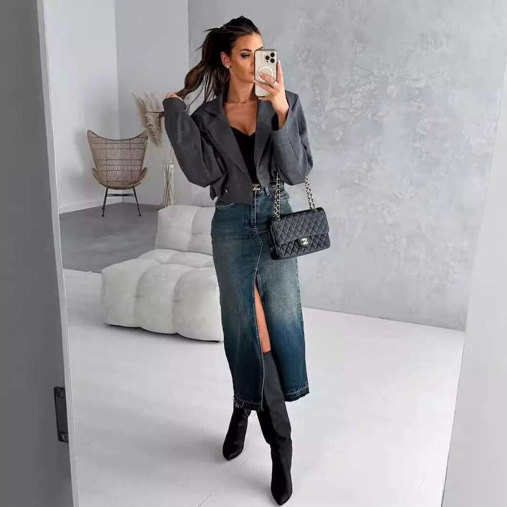 High Quality Women's Long Denim Casual Mid Waist Split Front Midi Jean Skirts With Pockets