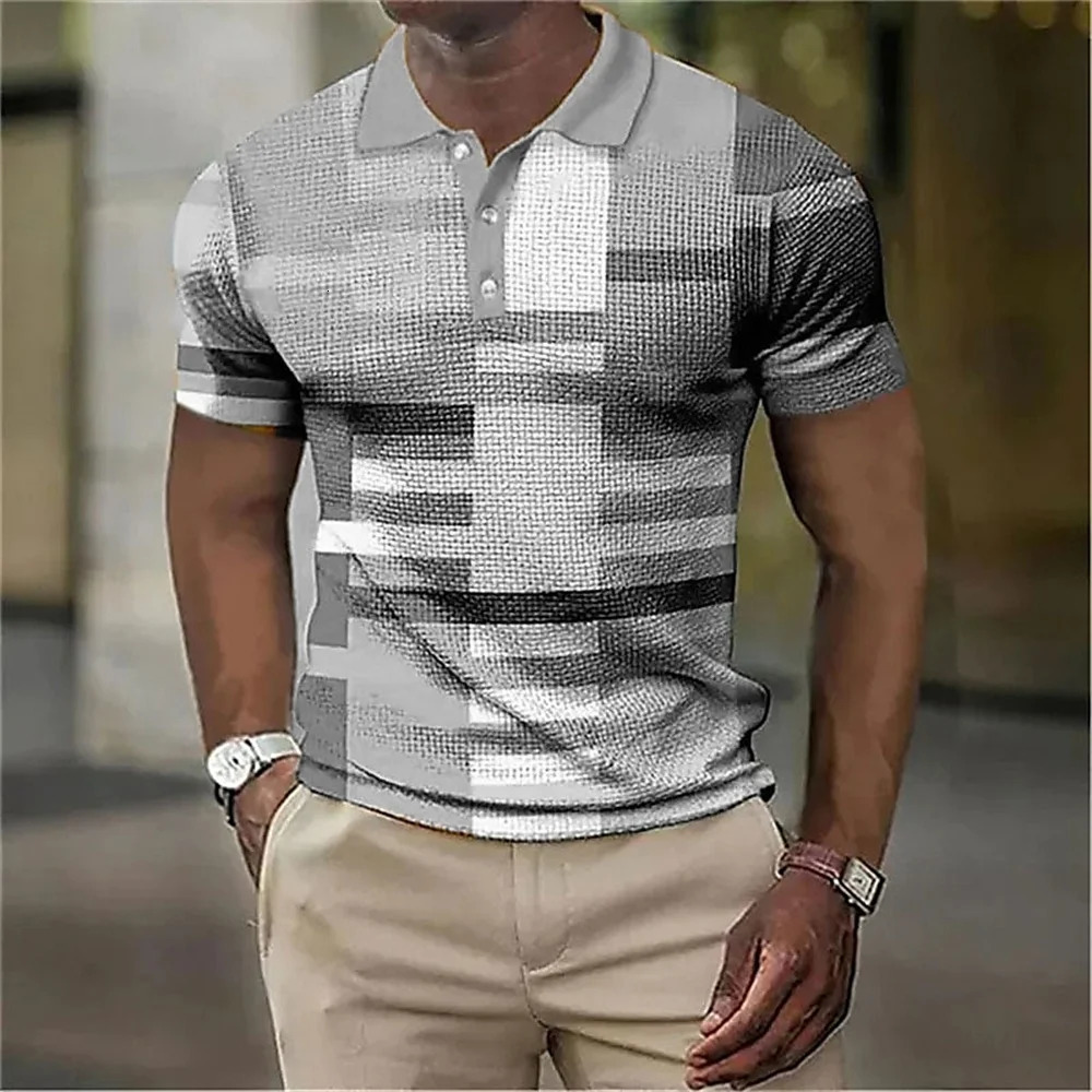 Fashion MenS Polo Striped Plaid Print Vintage MenS Clothing High-Quality Top Street Casual Short Sleeved Loose Oversized Shirt 250304