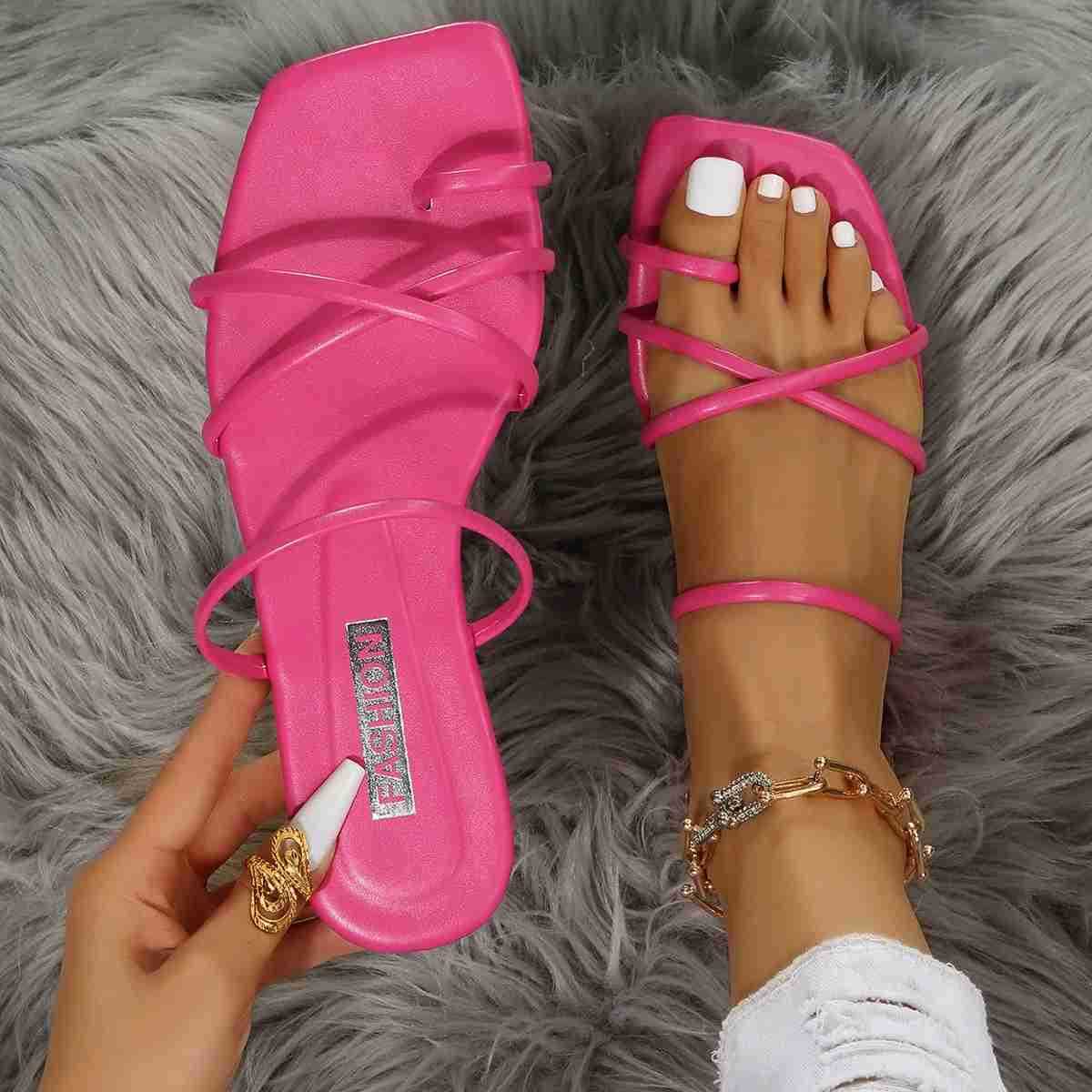 Summer Flat Fi Sandals Wen Candy Color Strap Cross Slipper Ladies Girl Flat Square Toe Strap Flip-flop Slippers Z250304
