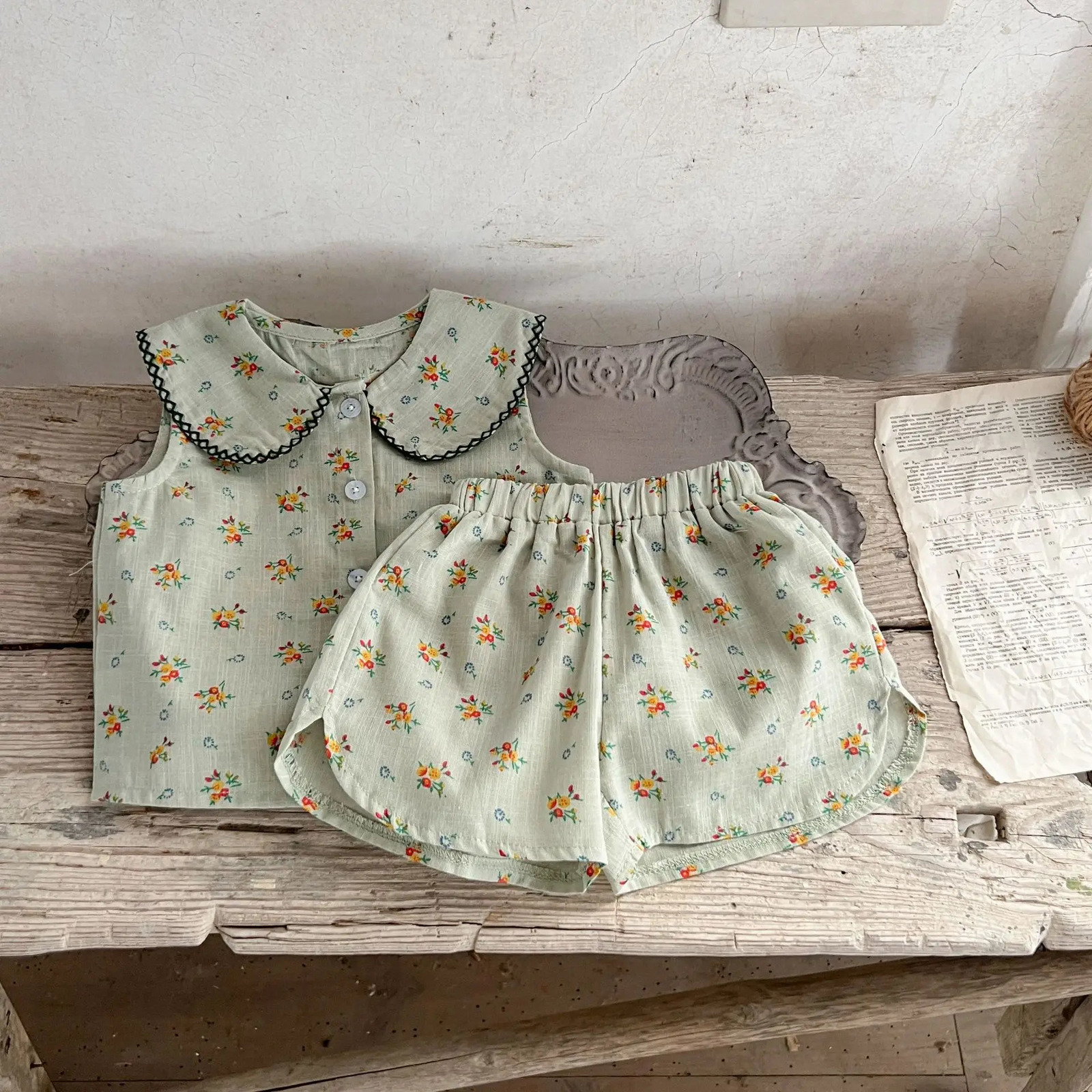Ins Korean Version Girl Baby Pure Cotton Floral Doll Collar Cardigan Shirt Loose Bread Shorts Set 250304