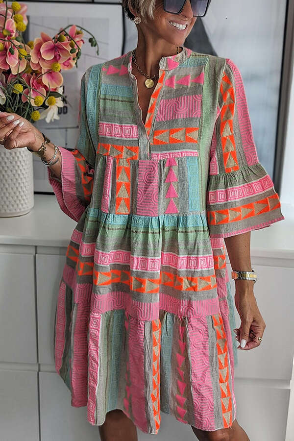 Women's European American autumn print V-neck seven quarter sleeve dress 2025 new style chic and elegant clothing