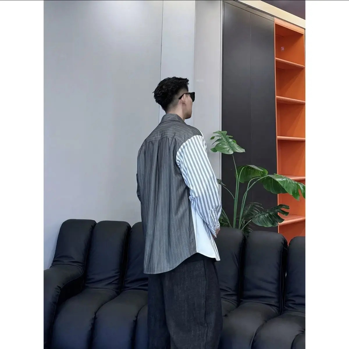 Chinese Style Autumn Men Buttoned Black and White Striped Retro Long-sleeved Shirt Fashionable Cardigan 250227