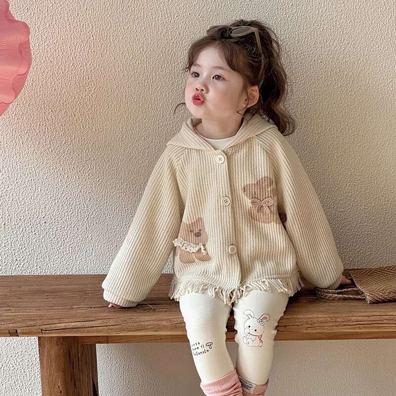 Ddmyshoesvip Children Spring Knitwear Cardigan Cotton Cartoon Tassel Hem Kid Coat Korean Long Sleeve Hooded Outerwear For 1-6Y Girl