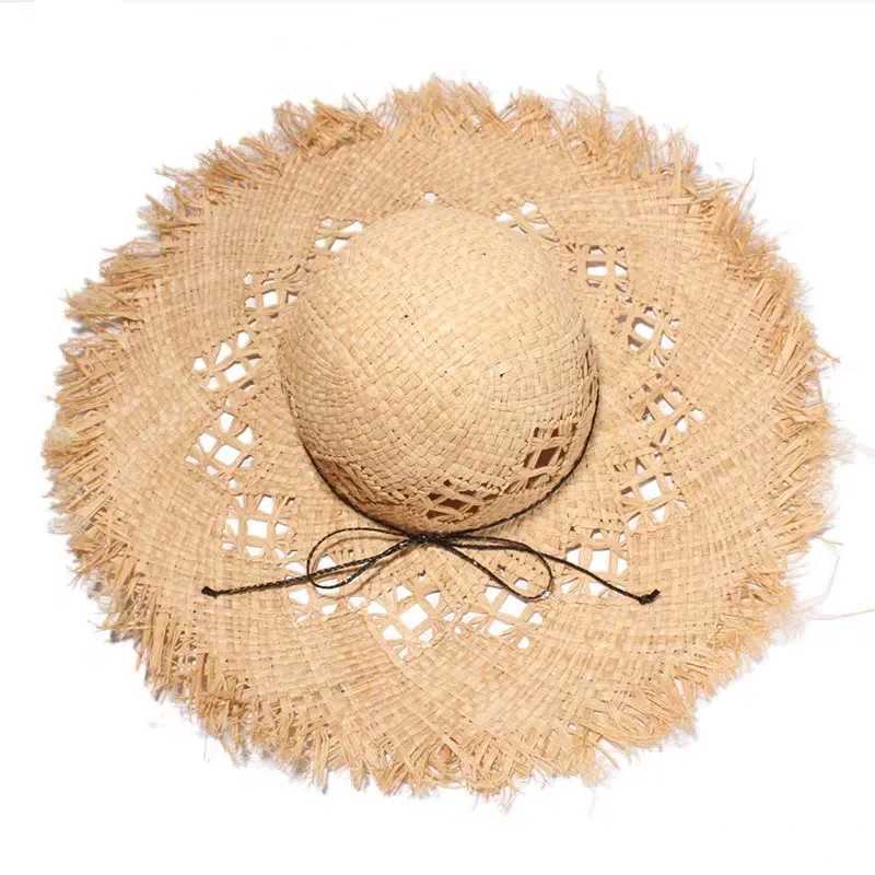 Natural Large Wide Brim Raffia Str Hats Woven Circle Fringe Beach C Summer Hollow Out Big Str HatXJ250304