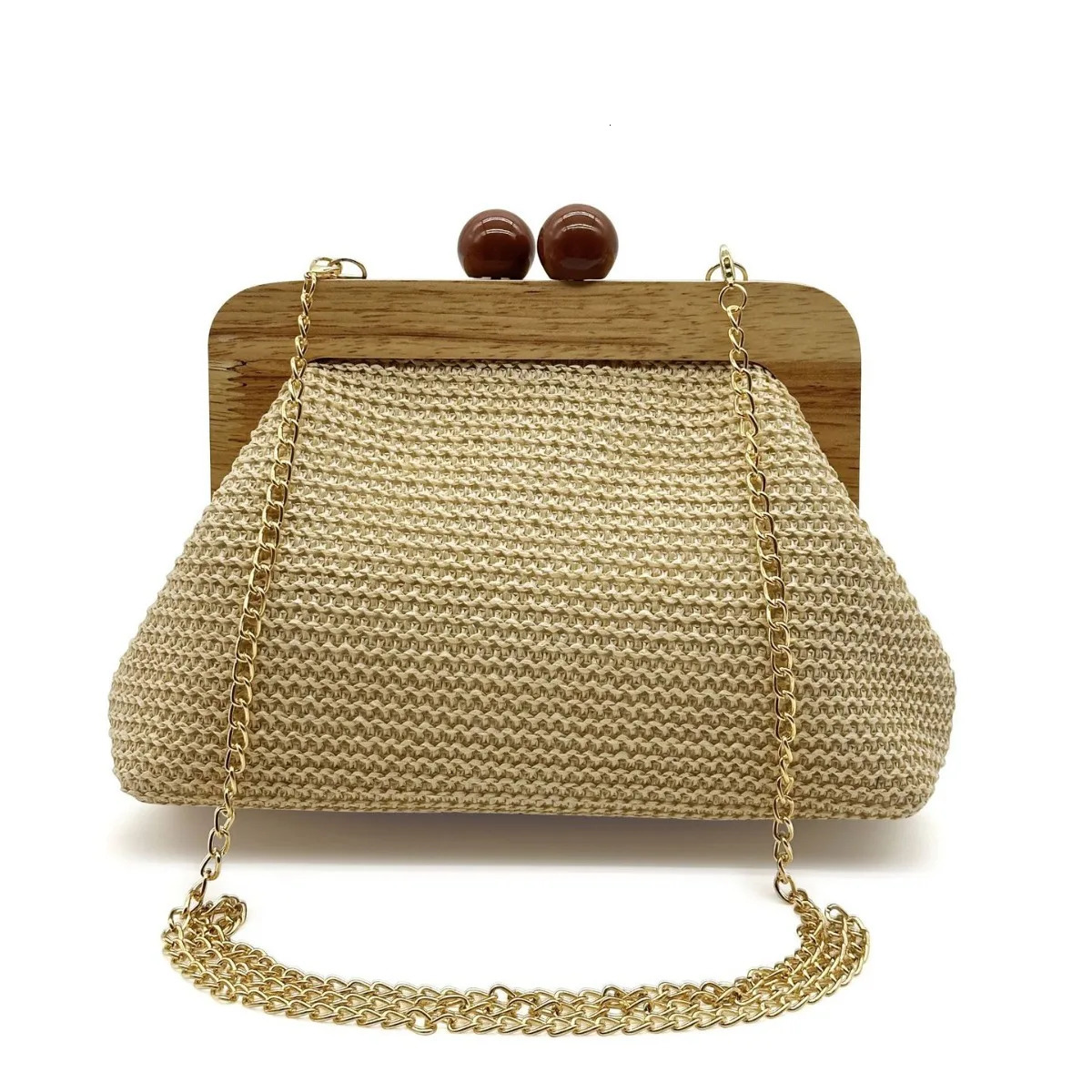 Fashion Wooden Clip Shell Clutch Bags for Women Straw Chains Shoulder Crossbody Casual Summer Beach Bag Elegant Party Purse 250303