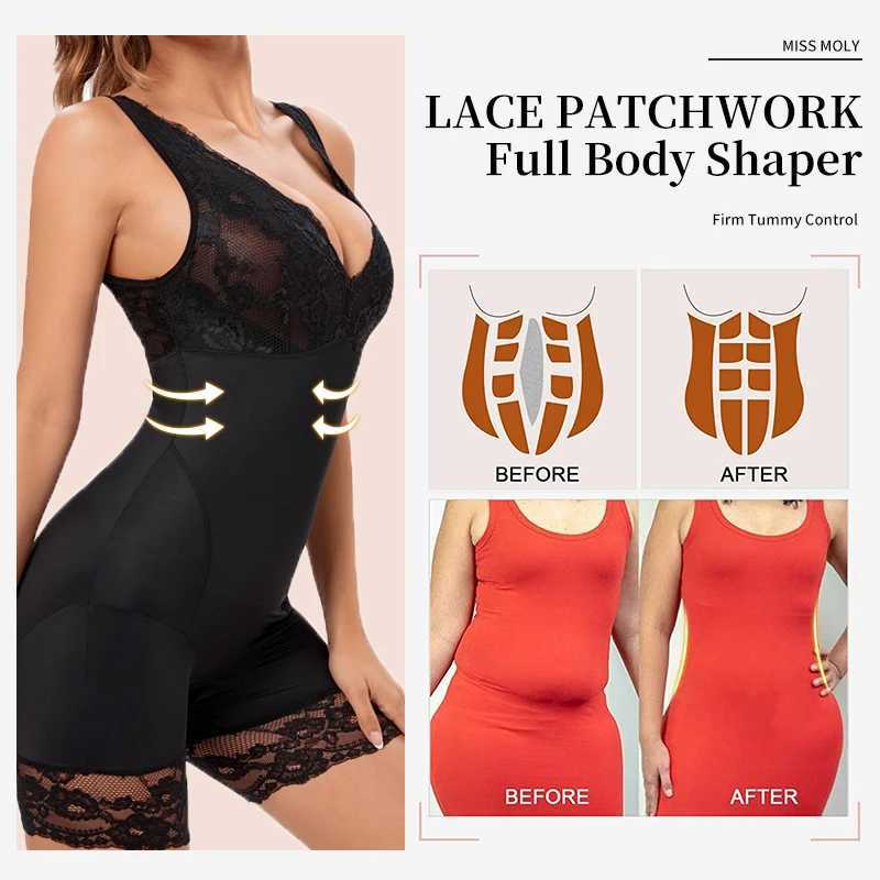 Womens Full Body Shapewear Sexy V Neck Bodysuit Slimming Belly Lace Patchwork Underwear Waist Trainer Modeling Strap CorsetXJ250304