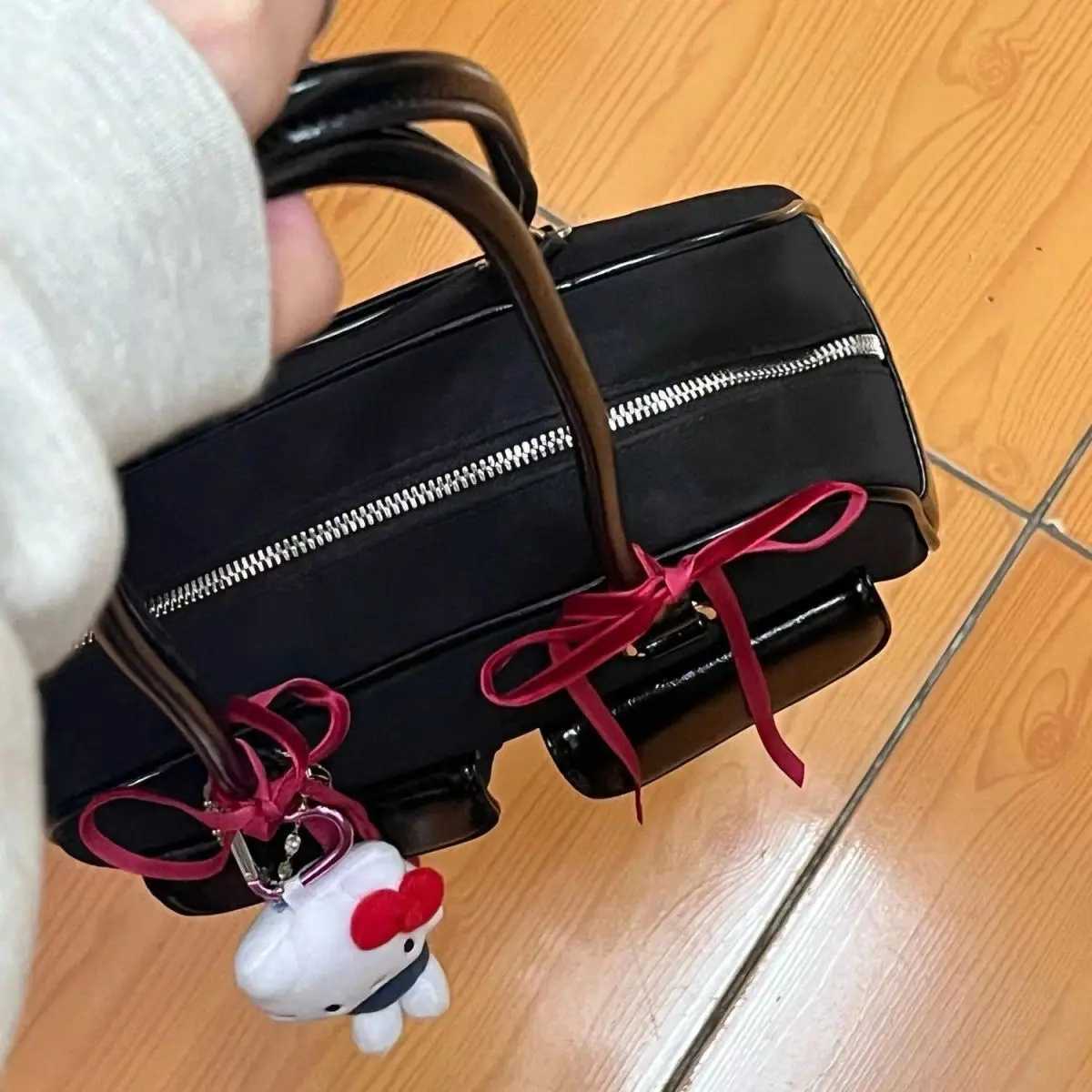 JIAERDI Hot Girls Black Bowling Bag Women Vintage Red Ribbon Chic Pocket Handbag Female Harajuku Aesthetic Shoulder Bags Handbags Z250303